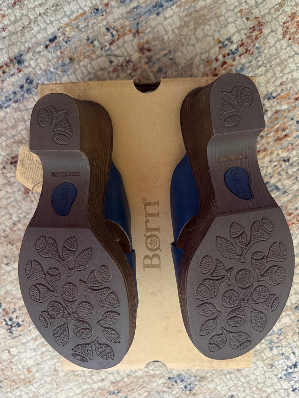 Born Navy Leather Crossover Wedge Sandals with Wood-Effect Heel - Picture 6 of 9